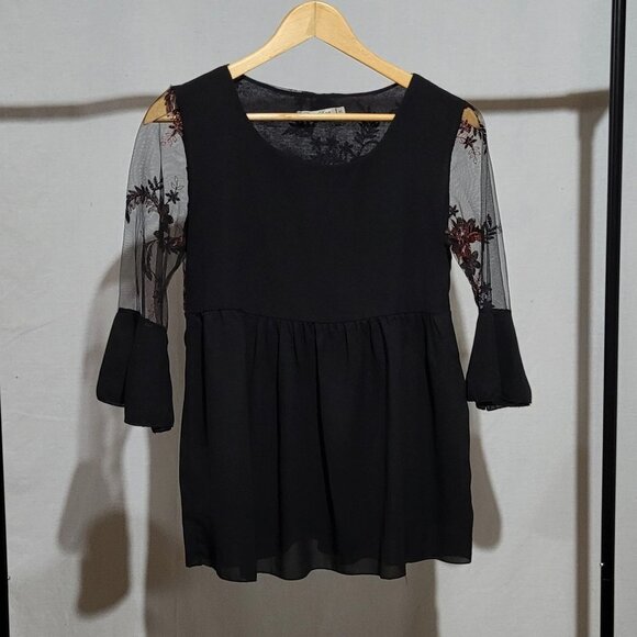 Elena Baldi blouse lacy goth fairy shirt sheer sleeves back floral embroidery - Picture 5 of 13